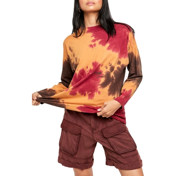 Free People Tie Dye Cotton Tunic Long Sleeve T-Shirt, S Brown Red Go… - Picture 1 of 11